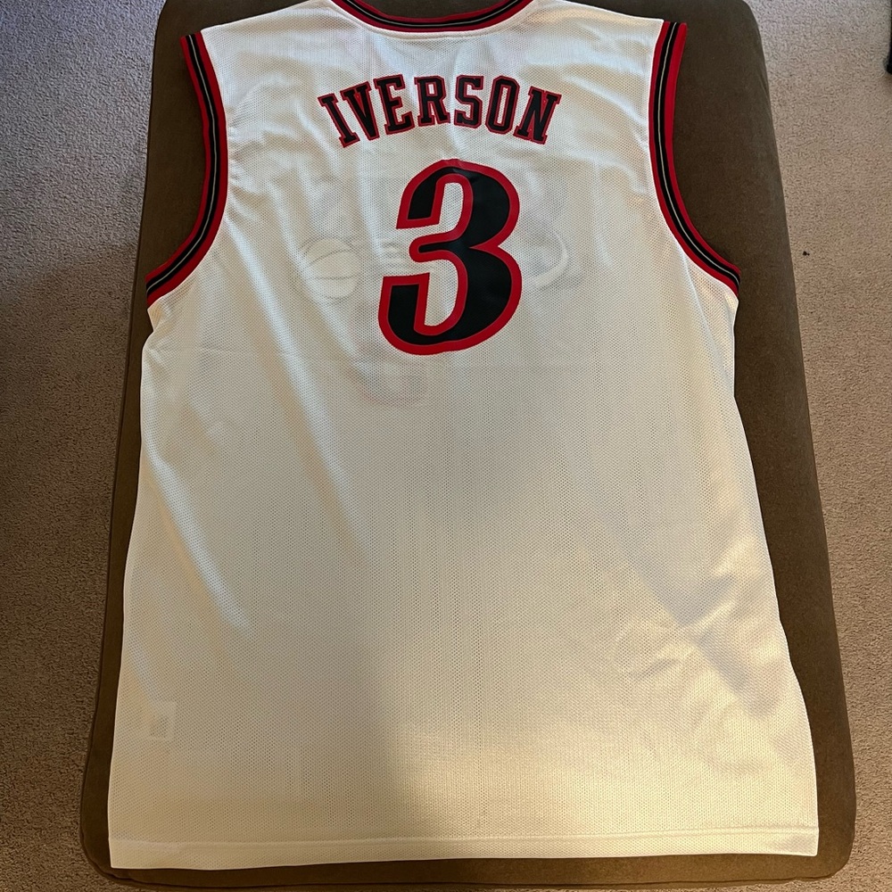 Allen Iverson Reebok White NBA Team Apparel Jersey Tag Blue and Black Accents